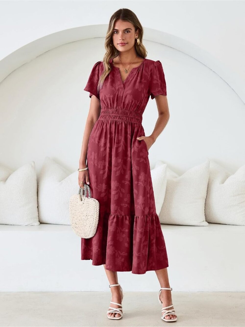 Women's Burgundy Short Sleeve V Neck Empire Waist Floral Imported Maxi Dress - Picture 3 of 6